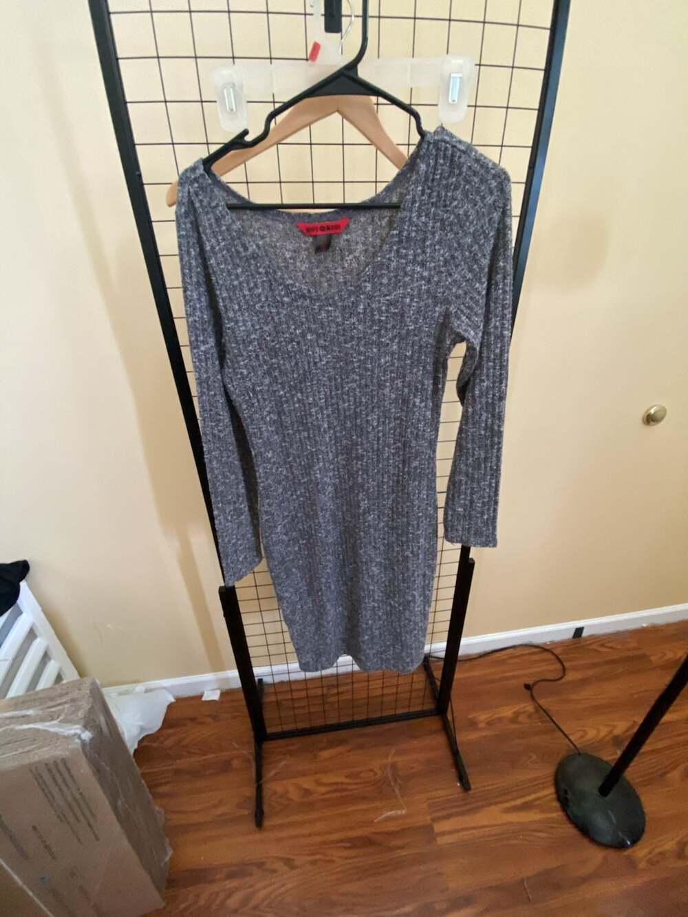 Hot Kiss Women's Gray Ribbed Knit Long Sleeve Mini Sweater Dress